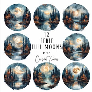 Eerie Full Moon Clipart Bundle | 12 Watercolor Halloween Invitation Décor Clip Art Digital Download | Halloween Junk Journal Commercial Use