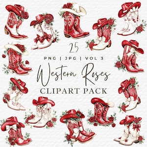 Boots Cowgirl Hat and Roses PNG Clipart, Western Art Sublimation Design, Digital Download Red White Watercolor Valentines Floral Bow Clipart