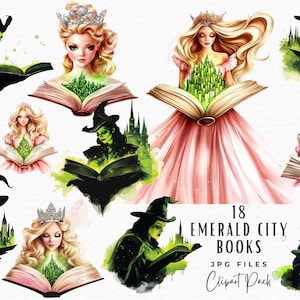 Emerald City Book Clipart Bundle, 18 Watercolor Wicked Movie Inspired Fairy-tale Book Clipart JPEG, Digital Download Junk Journal Scrapbook
