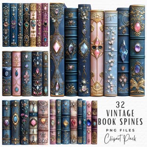 Book Spines Clipart, Vintage Watercolor Printable Ornate Book Spine Cover Clipart, Digital Download Commercial Use Digital Scrapbooking Art
