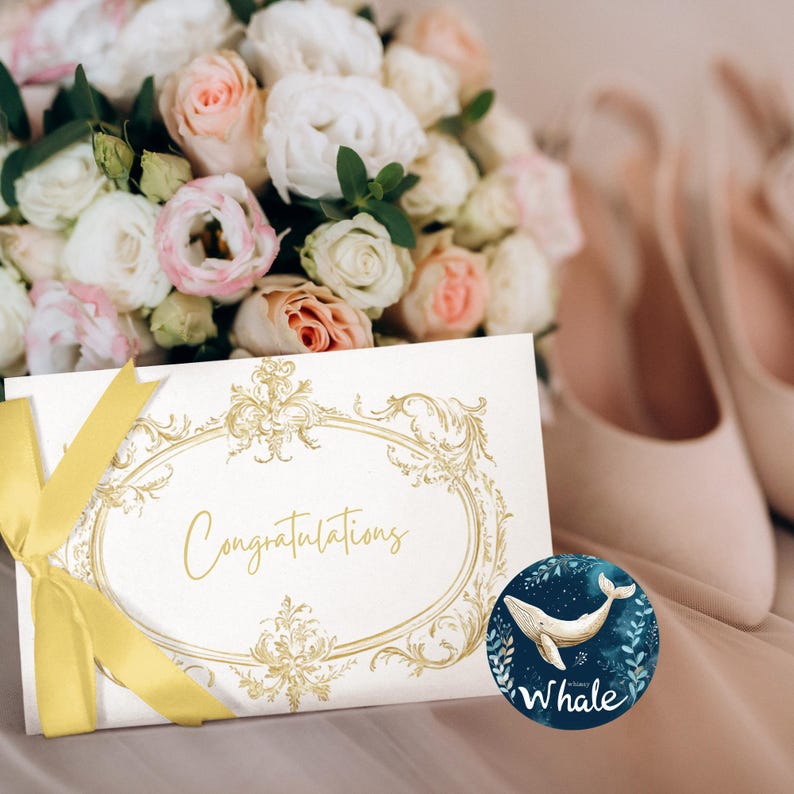 May include: A white card with a gold ornate frame and the word "Congratulations" written in gold script. A yellow ribbon is tied around the card. A blue and white whale illustration with the word "whale" is in the lower right corner of the image.
