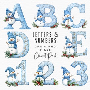 Alphabet et chiffres de Noël des cliparts, bleu or Noël bonhomme de neige lettres & chiffres Clipart PNG JPG, téléchargement numérique, usage Commercial