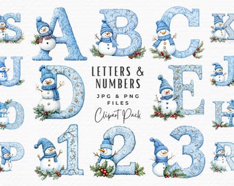 Alfabeto y números navideños, muñeco de nieve navideño azul dorado con letras y números, PNG JPG, descarga digital, uso comercial