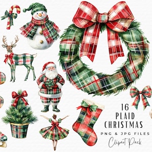 Vintage Plaid Christmas Clipart Bundle | 16 Watercolor Christmas Red Green Plaid Santa Wreath Deer Clipart | Digital Download Commercial Use