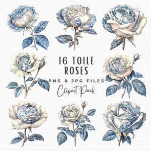 Toile Rose Clipart Bundle, 16 Watercolor Blue Toile de Jouy Chinoiserie Valentines Day Rose Clipart PNG JPG, Digital Download Commercial Use
