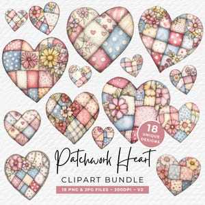 Clipart de coração em patchwork com aquarela: designs de colcha para o Dia dos Namorados (download digital)