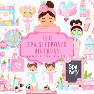 Pacchetto di clipart per pigiama party in spa, 130 clipart per pigiama party per bambine di compleanno, download digitale, clipart per relax, bellezza, coccole, cura di sé, spa