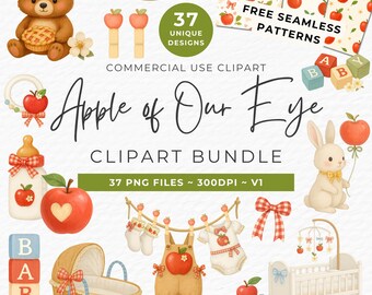 Apple Baby Shower Clipart: 37 Watercolor PNG Graphics (Digital Download)