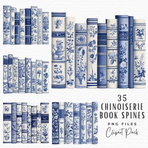 Pacchetto Clipart di dorsi di libri, 35 Clipart di dorsi di libri in toile chinoiserie blu bianco vintage acquerello PNG, download digitale per uso commerciale