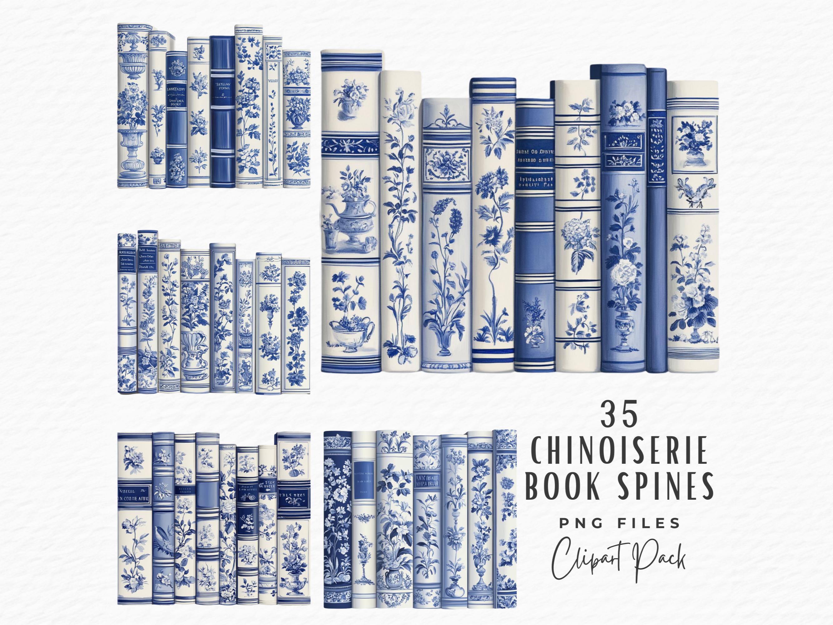 Book Spine Clipart Bundle, 35 Watercolor Vintage Blue White Ornate Toile Chinoiserie Book Spine Clipart PNG, Digital Download Commercial Use