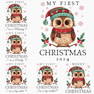 Paquete de imágenes prediseñadas de la primera Navidad, acuarela, búho, bebé, mamá, papá, hermano, hermana, imágenes prediseñadas de la primera Navidad, descarga digital, uso comercial PNG