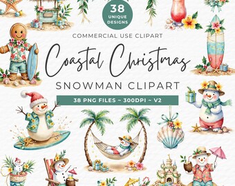 May include: Watercolor clipart set featuring a coastal Christmas theme. Includes snowmen, surfboards, tropical flowers, and beach scenes. The text reads "Coastal Christmas Snowman Clipart" and "38 Unique Designs".