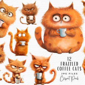 Paquete de imágenes prediseñadas de gato agotado / Imágenes prediseñadas de acuarela con dibujos divertidos y extravagantes de amantes de los gatos con jengibre y café / Descarga digital / Creación de tarjetas con diario basura