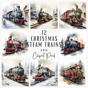 Paquete de imágenes prediseñadas de tren de vapor navideño, imágenes prediseñadas de locomotora de vapor de invierno de acuarela para Navidad en formato JPG, descarga digital, uso comercial