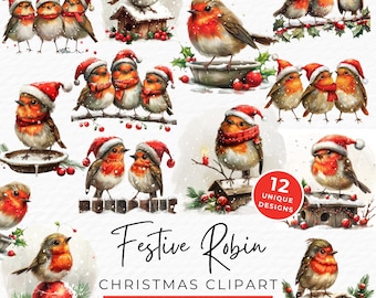 Clipart de petirrojo navideño / Pájaro navideño en acuarela con gorro de Papá Noel (descarga digital)