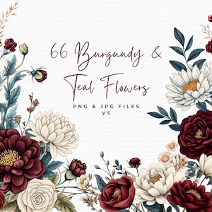 Pacote de clipart floral Borgonha e azul-petróleo, buquê de flores de casamento em aquarela Boho com borda de moldura PNG clipart, download digital para uso comercial