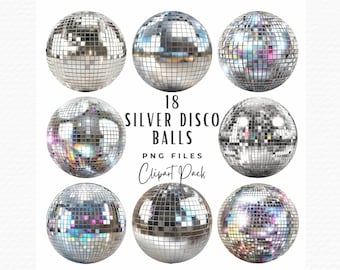 Silver Disco Ball Clipart Bundle | 18 Retro Mirror Ball PNG (Digital Download)