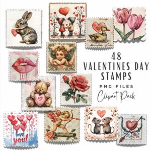 Pacote de clipart de selos postais de dia dos namorados, 48 clipart de selo postal de amor aquarela vintage antigo PNG, download digital para uso comercial