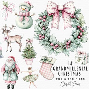 Grandmillenial kerst clipart, 14 aquarel kerst vintage vakantie chinoiserie toile oma chique preppy roze clipart png. Digitale download