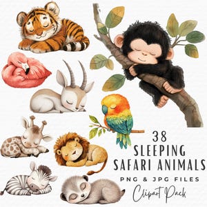Sleeping Safari Animals Clipart, Cute Watercolor Baby Animal Clipart, Digital Download Commercial Use, Nursery Decor Baby Shower Clipart PNG