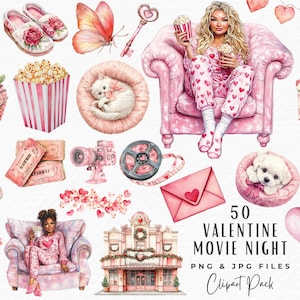 Watercolour Valentine Movie Night Clipart Bundle, 50 Watercolor Galentine Theatre Cinema PNG JPG Valentines Day Clipart, Digital Download