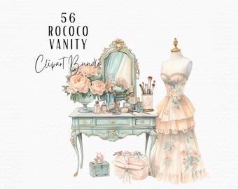 May include: A vintage-style vanity set with a light blue and gold mirror, a matching vanity table, and a delicate floral dress form. The vanity table has a drawer and a shelf, and the mirror has a decorative frame. The dress form is wearing a light pink dress with floral details. The set is decorated with flowers and perfume bottles.