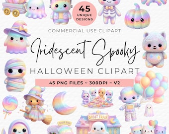 Watercolor Halloween Clipart Bundle, Iridescent Ghosts, Pumpkins (Digital PNGs)
