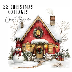 Clipart di cottage natalizio stravagante, 22 bundle di clipart di case invernali accoglienti con acquerelli, download digitale, clipart di scrapbooking di diario spazzatura JPG