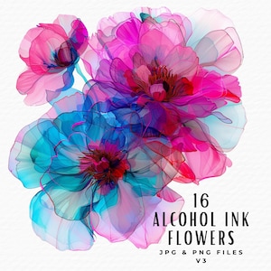 Alcohol Ink Flower Clipart Bundle, Whimsical Boho Watercolor Abstract Floral Clipart, Digital Download Commercial Use, Junk Journal Clipart
