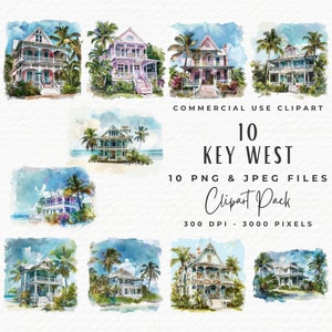 Key West Clipart Aquarell Illustration PNG JPEG | Digital Download Vintage Florida Conch Republik Clipart Bundle | Szenische Ozean Clipart