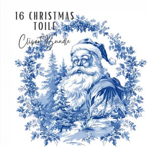 Kerst toile-clipart | 16 vintage vakantiechinoiserieën blauw-witte clipart | Digitaal papier Ephemera JPG kerstkaart clipartbundel 002