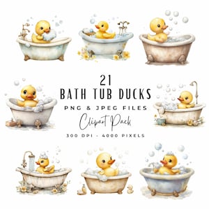 Zestaw clipartów gumowej kaczki w wannie | Akwarela Baby Rubber Duck Bubble Bath Time Clip Art | Pobieranie cyfrowe | Wanna Baby Shower Clipart