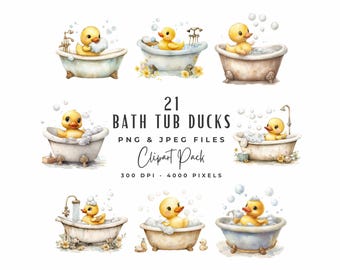 Rubber Duck in Tub Clipart Bundle | Watercolor Baby Rubber Duck Bubble Bath Time Clip Art | Digital Download | Bathtub Baby Shower Clipart