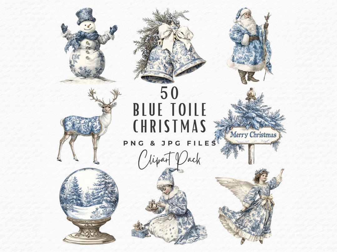 50 Christmas Toile Clipart | Vintage Holiday Chinoiserie Blue & White ...
