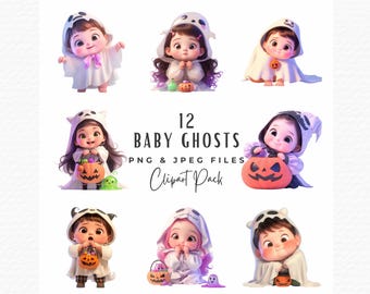 ハロウィンベビーゴーストクリップアートバンドル、不気味な季節のグラフィック（デジタルダウンロード）