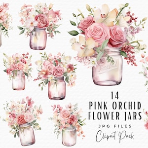 Watercolor Flower Mason Jar Bundle, 14 Pink Orchid Floral Mason Jar Wedding Birthday Mothers Day Clip Art, Digital Download Commercial Use