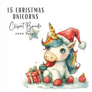 Pacchetto Clipart di unicorni di Natale / Acquerello Vacanze Invernali Carino Unicorno Illustrazione Clipart JPG Carta Digitale Artigianato / Biglietto di Natale Fai da Te