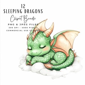 Dormir bébé Dragon Clipart, aquarelle céleste mignon bébé Dragon PNG JPEG, téléchargement numérique, Fantasy Dragon Baby Shower Clipart