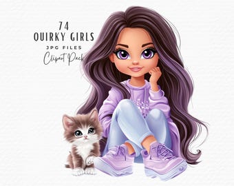 Clipart fille décalée : illustrations de mode aquarelle pastel (téléchargement numérique)