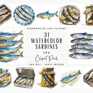 Paquete de imágenes prediseñadas de sardinas, 31 latas de sardinas en acuarela, descarga digital en formato JPG, ilustración de mariscos para hacer tarjetas con técnica mixta
