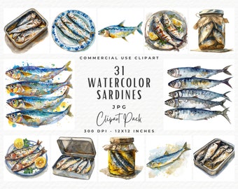 Paquete de imágenes prediseñadas de sardinas: ilustraciones de mariscos en acuarela (descarga digital)