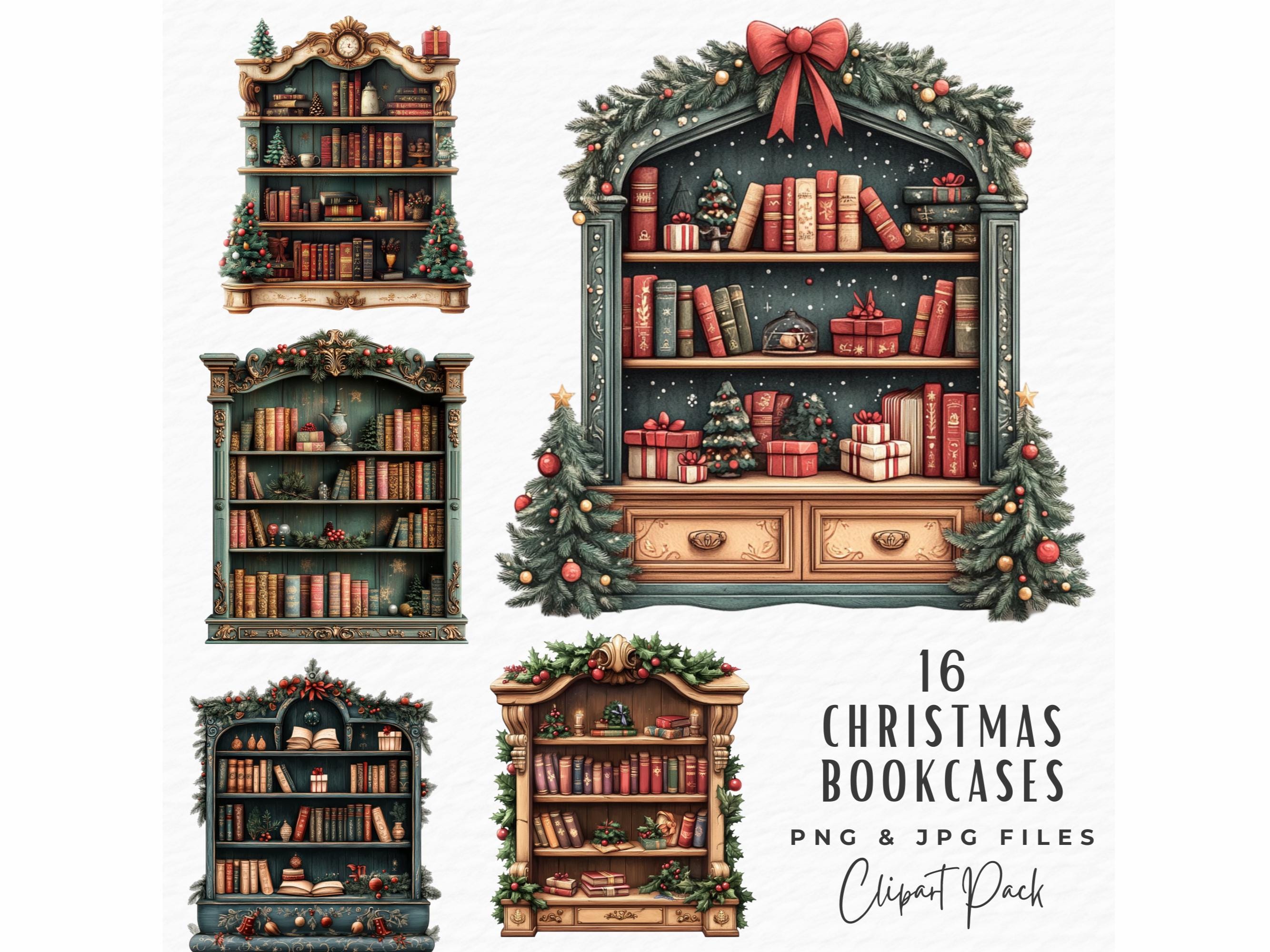 Christmas Bookcase Clipart Bundle, Watercolor Festive Bookshelves