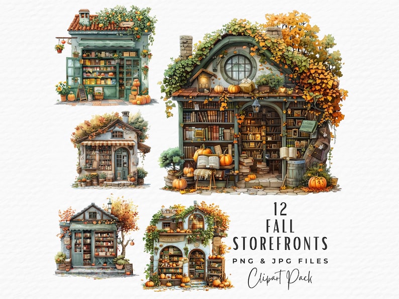 Fall Bookstore Clipart: Cosy Autumn Book Shop JPEG (digital Download ...