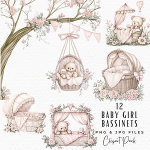 Baby Bassinet Clipart, Watercolor Baby Shower Party Décor Invite Clipart, Digital Download Commercial Use, Baby Girl Shower Crib Clipart PNG