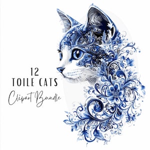 Bundle de cliparts chat toile, 12 bleu et blanc aquarelle Français country Decor Chinoiserie chaton Clipart, téléchargement numérique, chat grand-millénaire