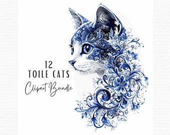 Toile Cat Clipart Bundle, 12 Blue & White Watercolor French Country Decor Chinoiserie Kitten Clipart, Digital Download, Grandmillenial  Cat