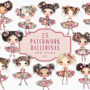 Patchwork Ballerina Clipart, Sewing Clipart, Digital Download, 25 Printable Illustrations for Crafting Scrapbook Junk Journals Invitations