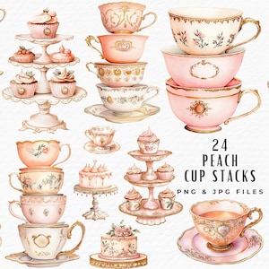 Theekopje stapel clipartbundel | Perzikroze aquarel vintage theekransje clipart | Digitale download commercieel gebruik | Theekopje Tijd Taart Clipart