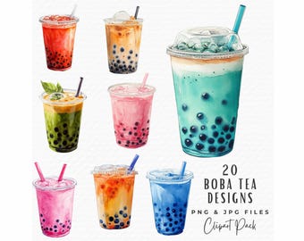 Cute Boba Tea Clipart, Kawaii Milk Tea PNG JPG (Digital Download)