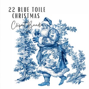 Clipart toile de Noël | 22 Chinoiseries des Fêtes vintage des cliparts bleu et blanc | Lot de cliparts papier numérique éphémères JPG pour carte de Noël